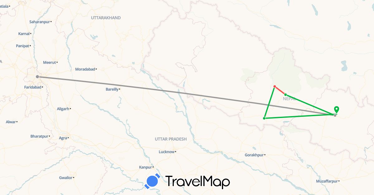 TravelMap itinerary: bus, plane, hiking in India, Nepal (Asia)
